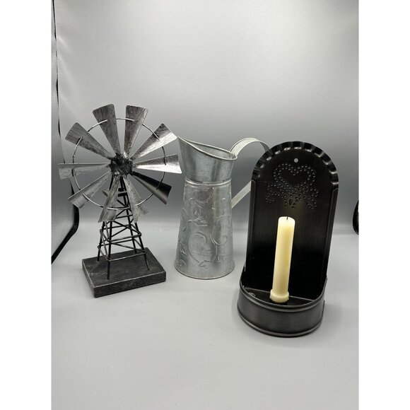 3 Metal Midwest Country Decor Tin Punch Candle Holder Galvanize Pitcher Windmill - Picture 9 of 16